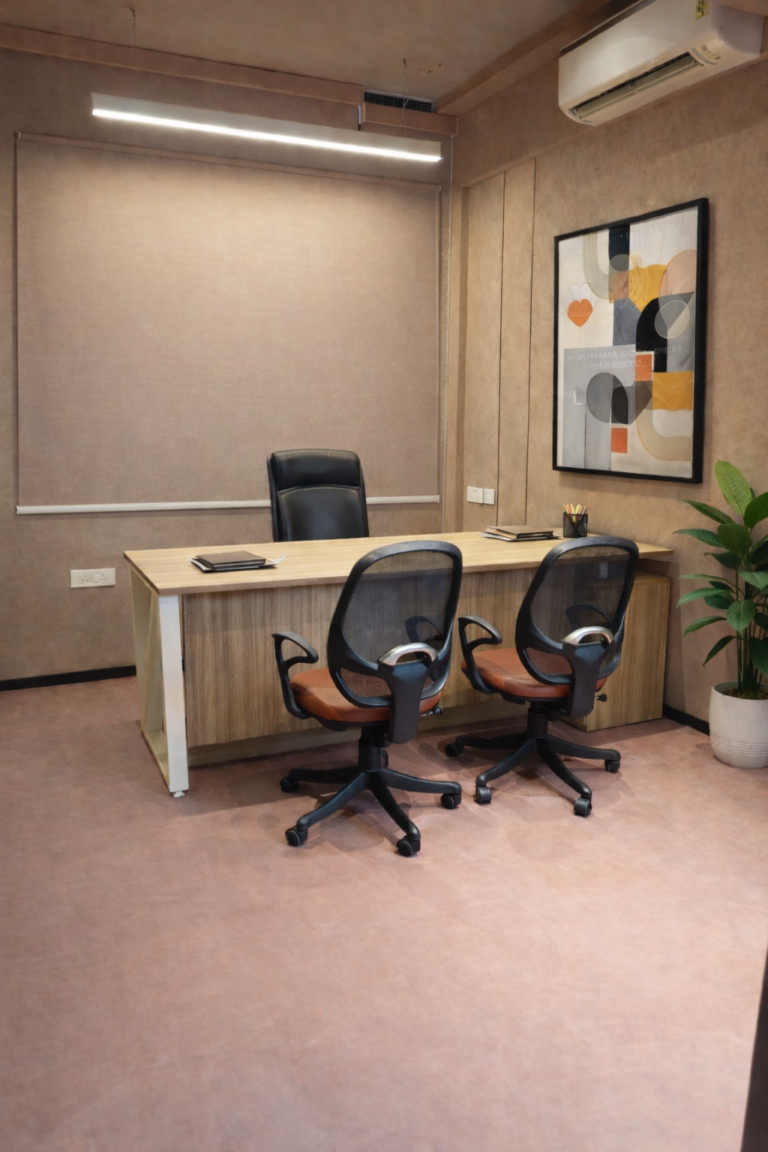 Modern office workspace with abstract decor